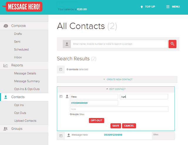 Message Hero Edit Contact