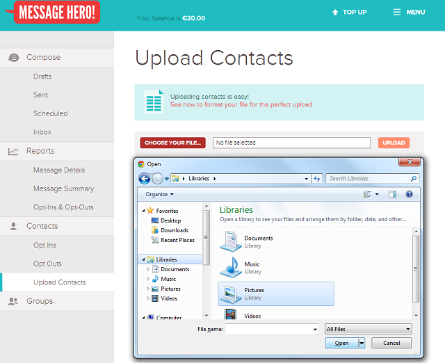Message hero Uploading Contacts