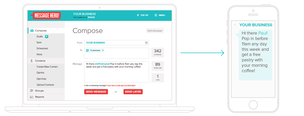 Message Hero is the ideal choice for businesses to send web text messages to their customers, staff and members