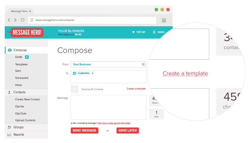 Click create a template to create your sms message template