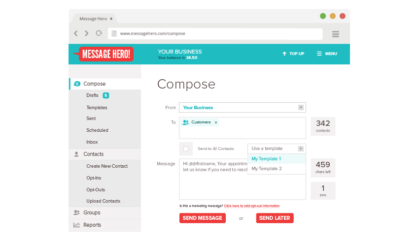 Choose your sms message template from the dropdown